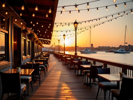 Waterfront crab house in Baltimore at sunset with harbor views