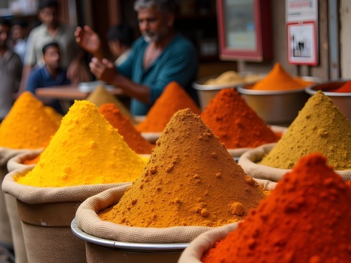 Couple exploring colorful spice market in Bangalore during cooking class tour
