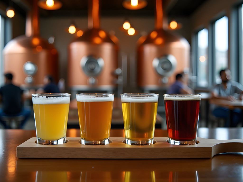 Craft beer tasting flight with various beer styles at Bangalore microbrewery with city view