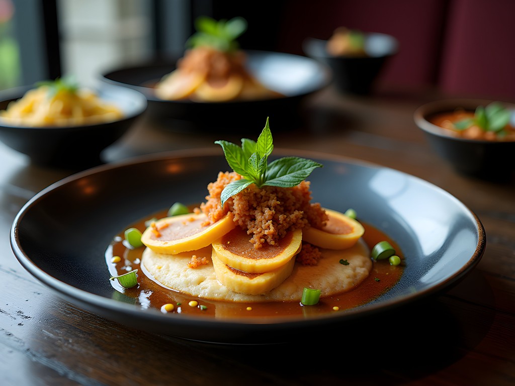 Elegantly plated modern South Indian fusion dish at upscale Bangalore restaurant