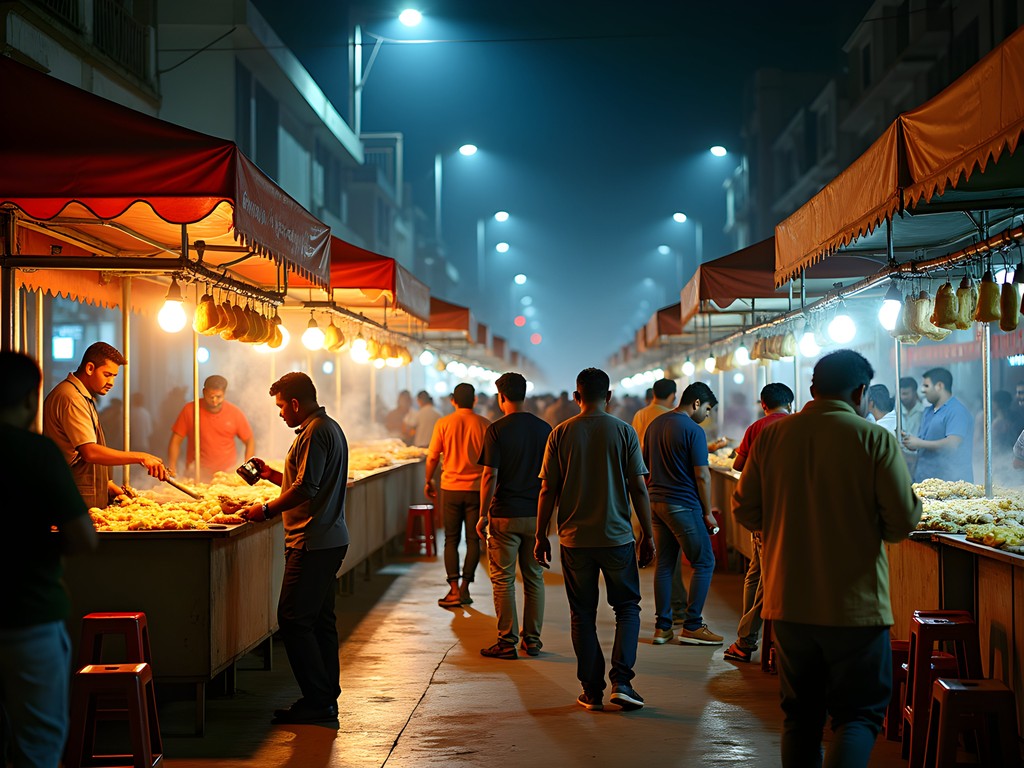 Bustling night food street at VV Puram in Bangalore with colorful food stalls and crowds
