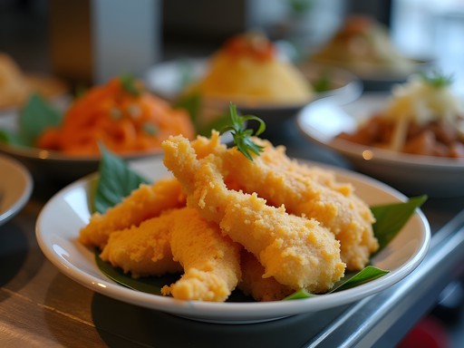 Assortment of unusual Thai street food dishes including crispy catfish and oyster omelet