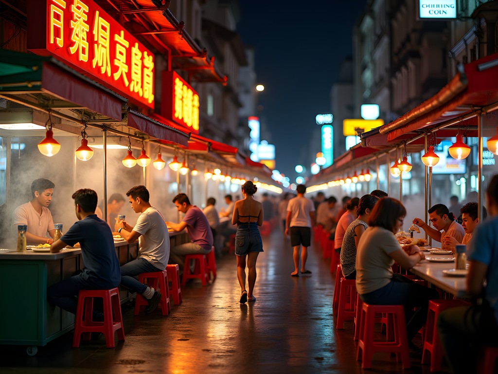 Bustling night market in Bangkok's Chinatown with food vendors and neon lights