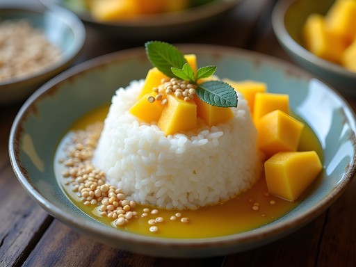 Fresh mango sticky rice dessert with golden ripe mango slices and coconut cream