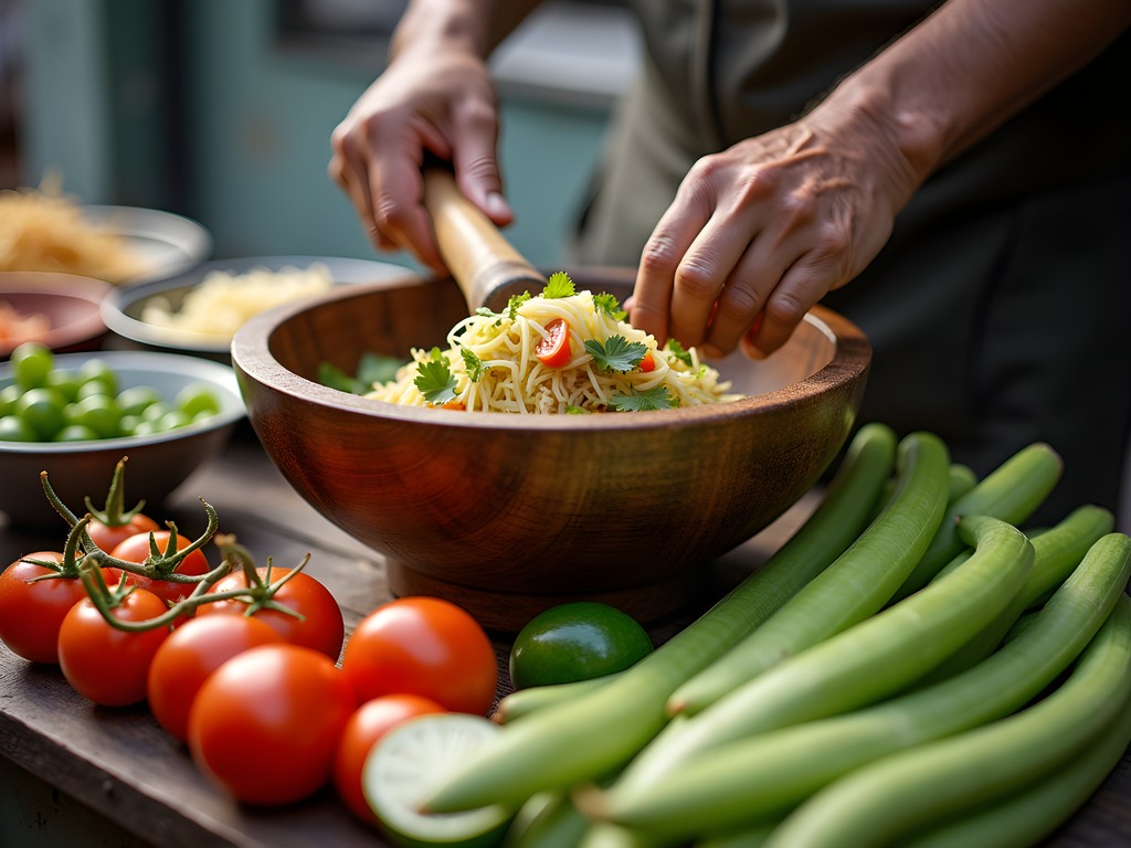 Thai vendor preparing som tam (green papaya salad) in traditional mortar and pestle