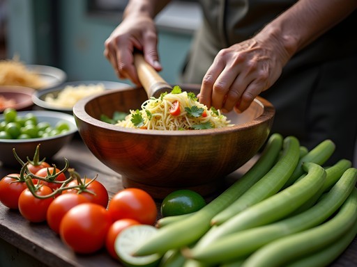 Thai vendor preparing som tam (green papaya salad) in traditional mortar and pestle