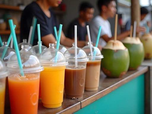 Colorful display of Thai street beverages including orange Thai iced tea and fresh coconuts
