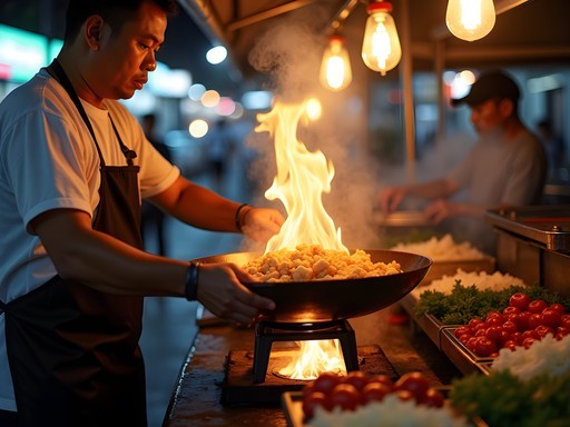 Thai street food vendor cooking with high heat on wok over charcoal