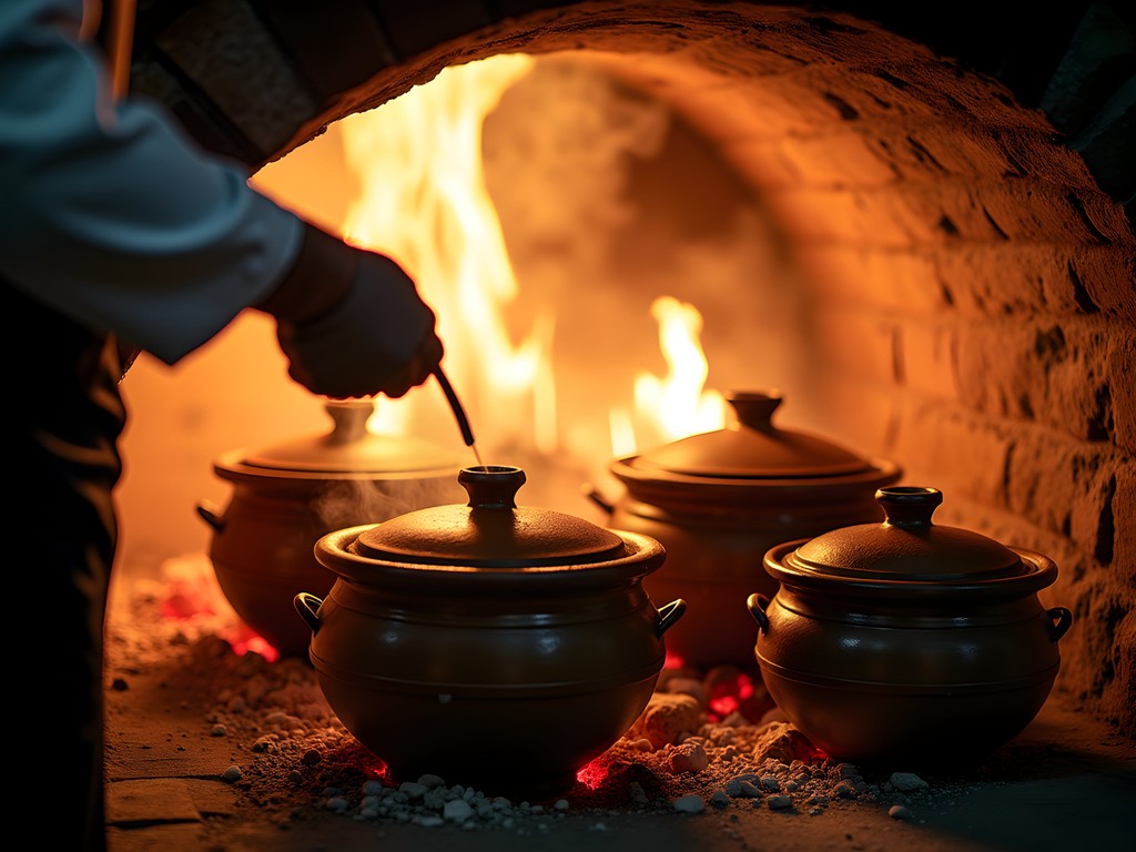 Traditional Bulgarian clay pot dish being prepared in a wood-fired oven in Bansko