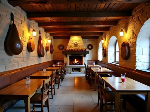 Traditional Bulgarian mehana in Bansko with wooden interior, fireplace and authentic decor