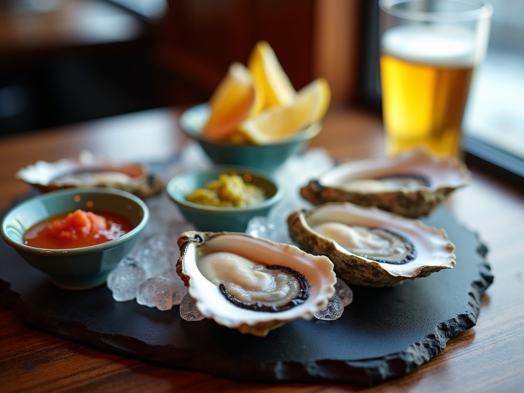 Fresh Maine oysters on ice with various accompaniments and local craft beer at sunset