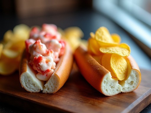 Maine-style and Connecticut-style lobster rolls side by side on wooden serving board with sea salt potato chips
