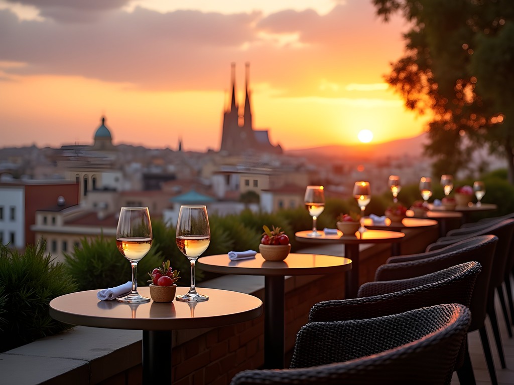 Rooftop tapas bar in Barcelona with panoramic city views at sunset