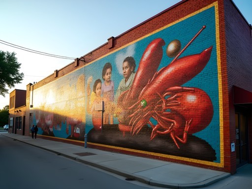 Colorful mural depicting traditional Cajun crawfish boil in Mid City Baton Rouge