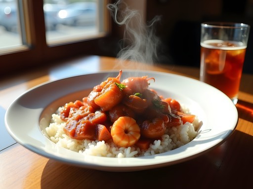 Traditional crawfish étouffée served with white rice at a Baton Rouge restaurant