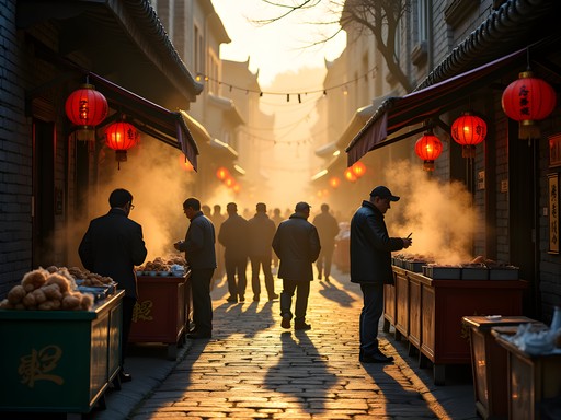 Early morning breakfast vendors setting up in narrow Beijing hutong alleyway
