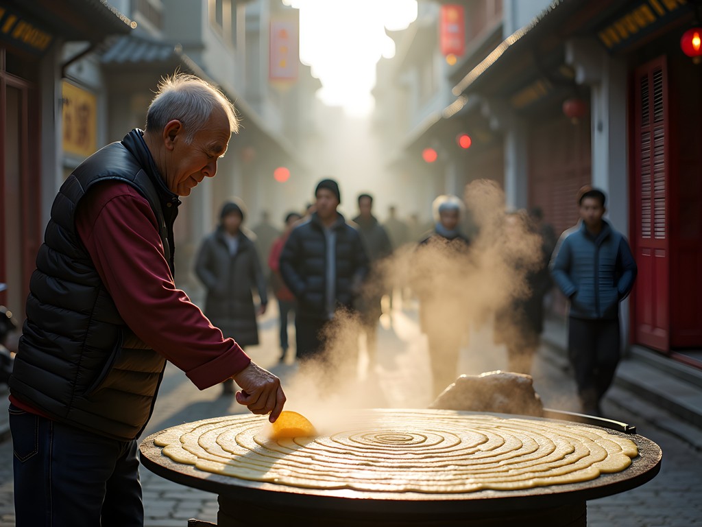 Beijing street vendor preparing jianbing breakfast crepe in morning light