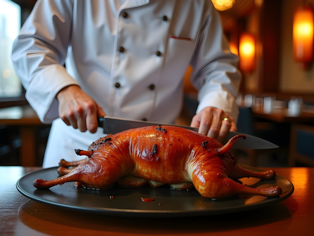 Chef precisely slicing Peking duck in traditional Beijing restaurant