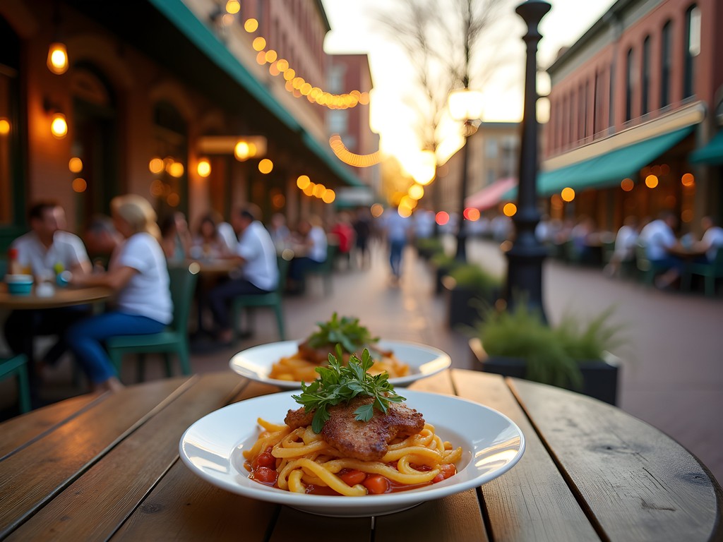 Bentonville Downtown Square restaurants with outdoor seating at golden hour