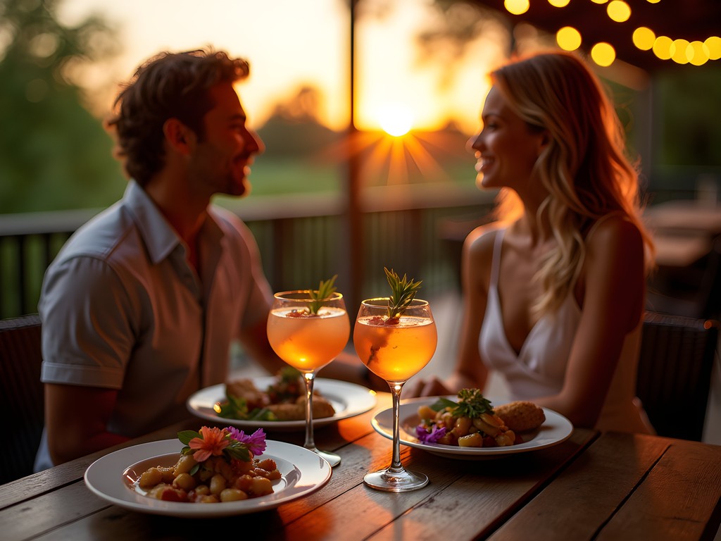Romantic outdoor dining setting in Bentonville at sunset with craft cocktails