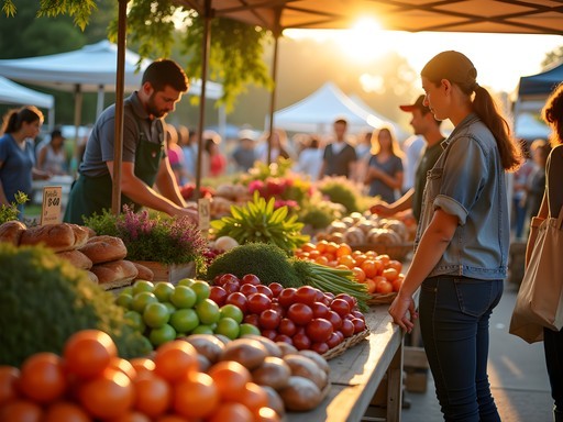 Morning scene at Bentonville Farmers Market showing local farmers with fresh produce, flowers, and artisanal products