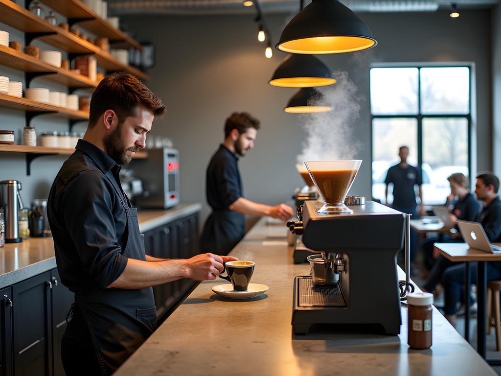 Interior of Onyx Coffee Lab in Bentonville showing modern industrial design, baristas at work, and customers enjoying specialty coffee