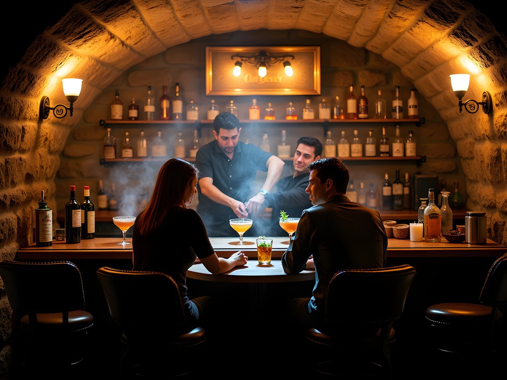 Atmospheric interior of Undercroft speakeasy bar in Bentonville showing stone walls, ambient lighting, and craft cocktail preparation