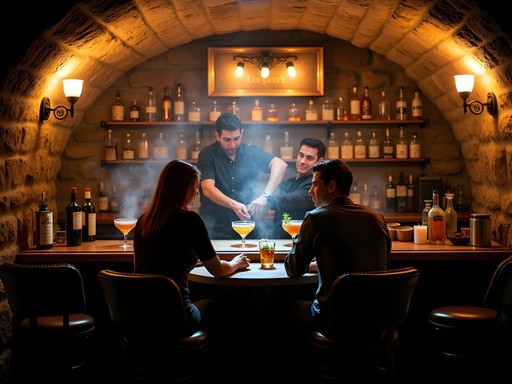 Atmospheric interior of Undercroft speakeasy bar in Bentonville showing stone walls, ambient lighting, and craft cocktail preparation