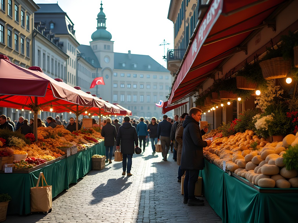 Colorful food market on Bundesplatz in Bern with Federal Palace in background