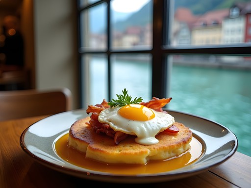 Traditional Swiss rösti with Aare River view at Altes Tramdepot restaurant in Bern