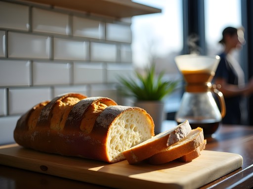 Fresh artisanal sourdough bread and pour-over coffee in Biddeford bakery
