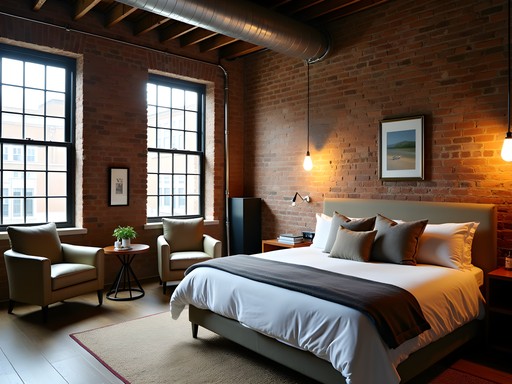 Stylish boutique hotel room in restored textile mill in Biddeford