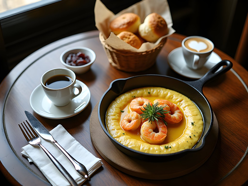 Elegant French-Southern brunch spread at Chez Fonfon Birmingham featuring shrimp and grits