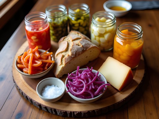 Artisanal harvest preservation board with house-pickled vegetables and sourdough at Fireflour Pizzeria in Bismarck