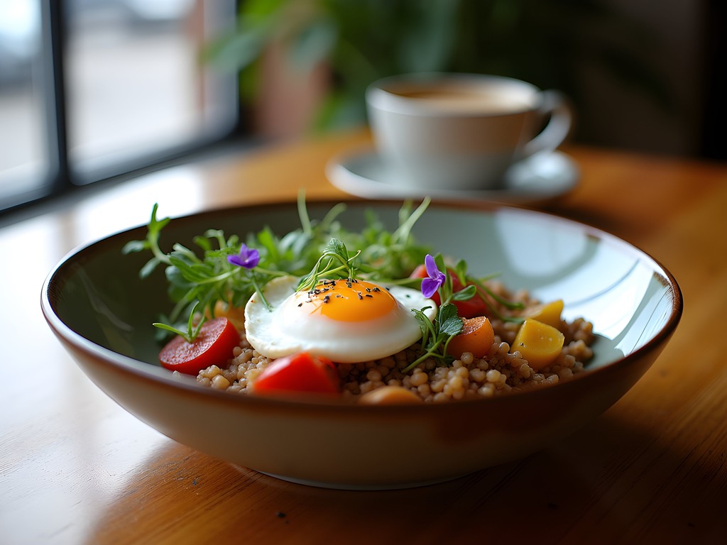 Farm-to-table seasonal breakfast bowl with ancient grains and local eggs at Terra Nomad cafe in Bismarck