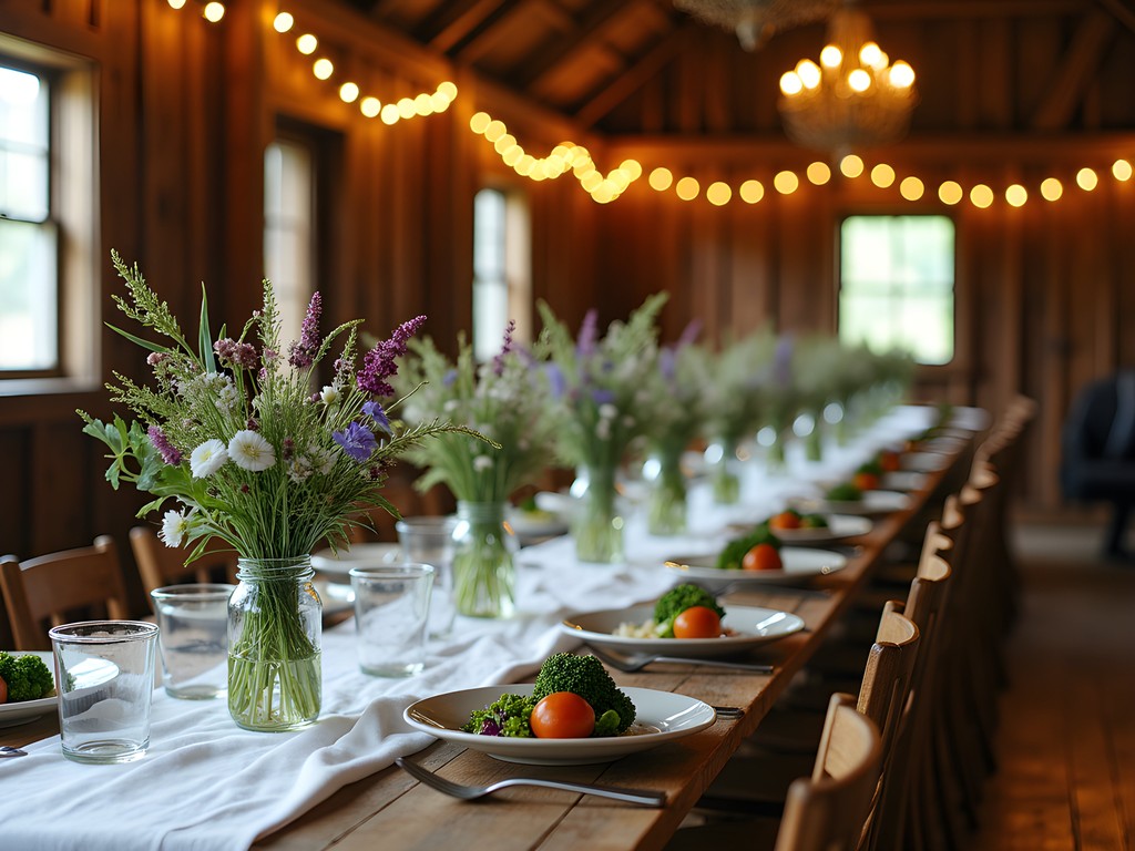 Rustic elegant farm-to-table dinner setting in a Block Island barn with string lights and fresh flowers