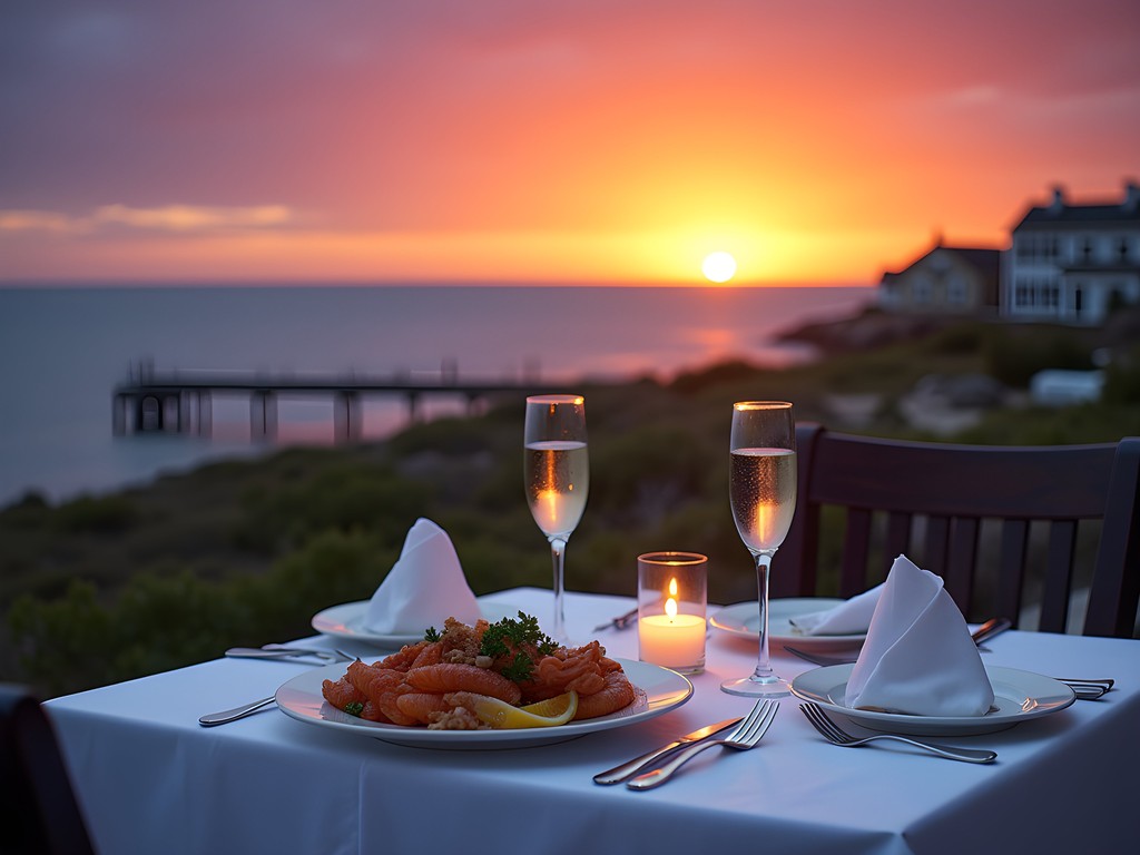 Elegant waterfront dining table with champagne flutes and seafood platter at sunset on Block Island