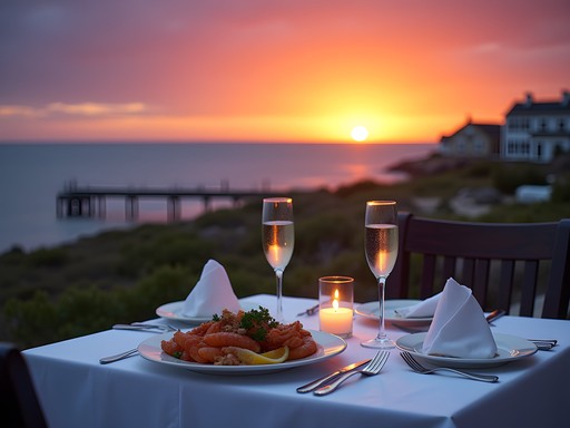 Elegant waterfront dining table with champagne flutes and seafood platter at sunset on Block Island