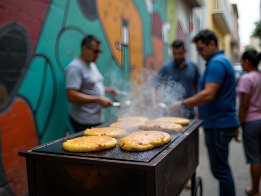 Street food vendor in front of colorful mural in La Candelaria district, Bogotá