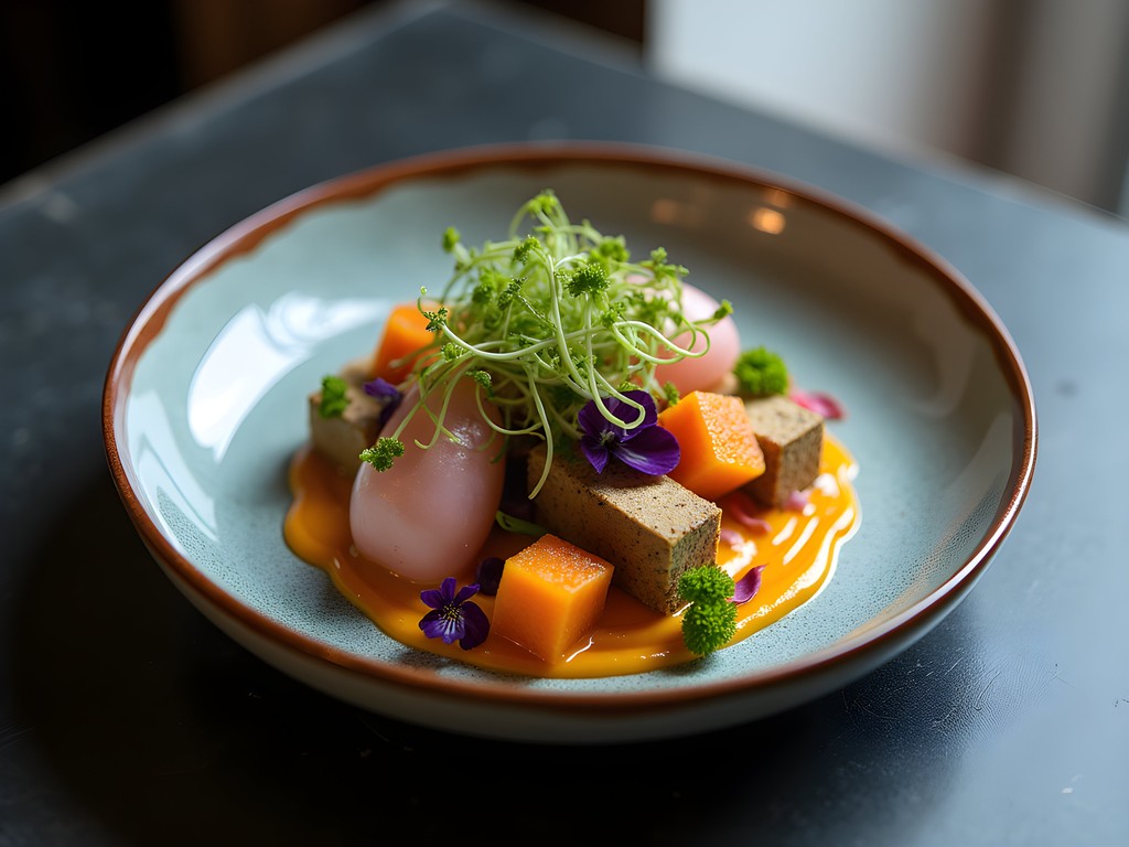 Beautifully plated dish from Leo restaurant's tasting menu featuring indigenous Colombian ingredients