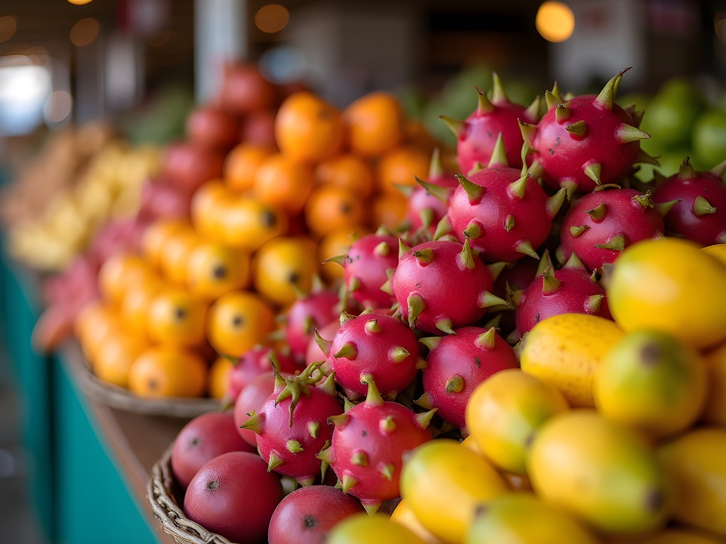 Colorful exotic fruit display at Paloquemao Market in Bogotá
