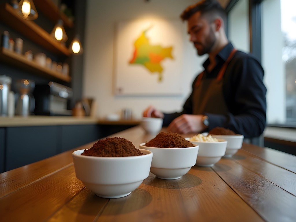 Coffee cupping session at artisanal café in Bogotá with Colombian beans from different regions