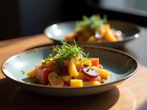Elegant plated dish of New Colombian Cuisine featuring native ingredients at upscale Bogotá restaurant