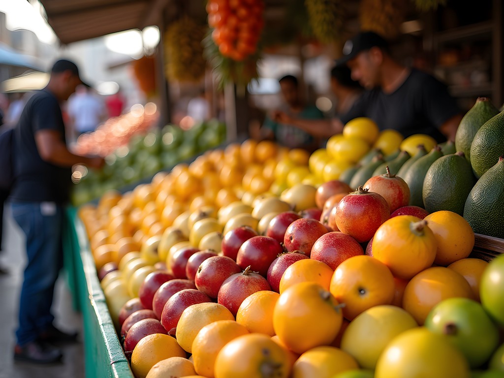 Colorful fruit stalls at Paloquemao Market in Bogotá with exotic Colombian fruits