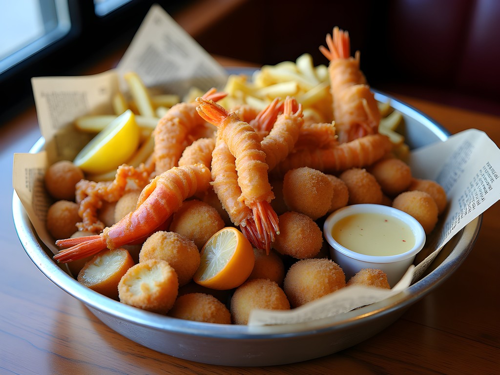 Generous seafood platter with fried shrimp, oysters, and crawfish at a Bossier City restaurant