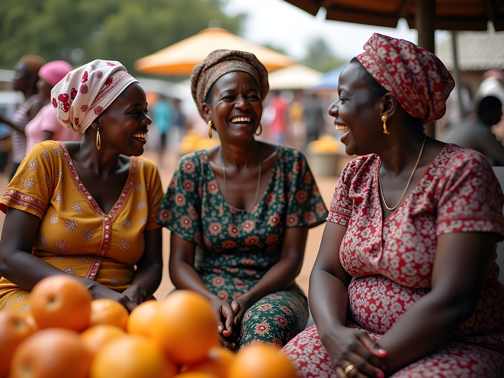 Women vendors socializing at Brikama market while selling produce, showing the market's role as social institution