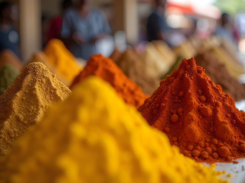 Colorful mounds of spices at a vendor stall in Brikama market with vibrant reds, yellows and browns