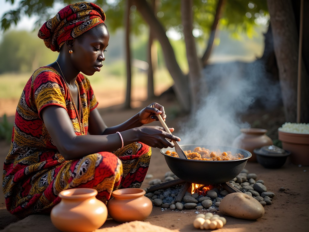 Local woman teaching visitor how to prepare traditional domoda peanut stew over outdoor cooking fire in Brikama