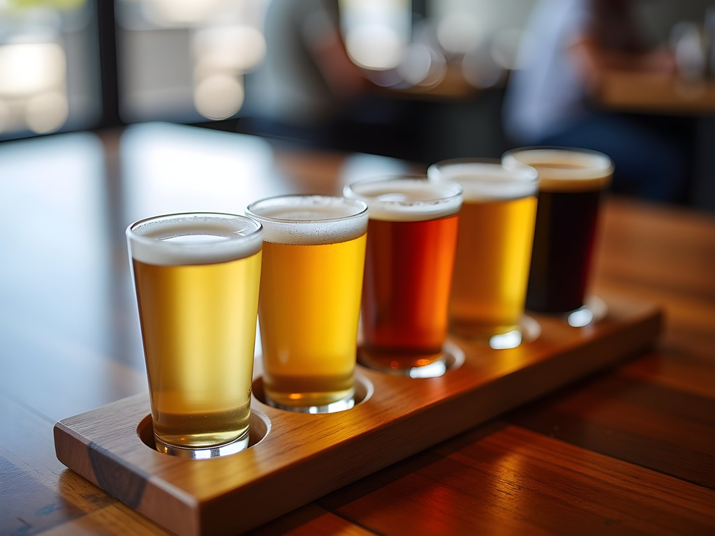Craft beer tasting flight at Brisbane microbrewery with riverside views