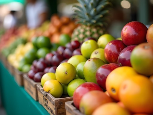 Colorful display of tropical fruits and produce at Brisbane farmers market